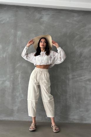 Ham Keten Şalvar Pantolon Taş