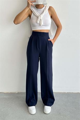 Çıtlı Atlas Kumaş Kadın Pantolon Lacivert