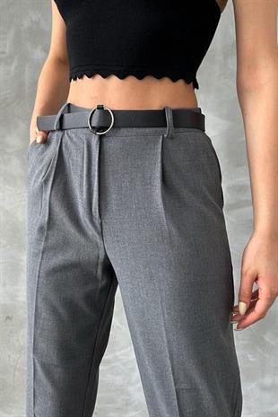 Kemerli Kadın Kumaş Pantolon Füme