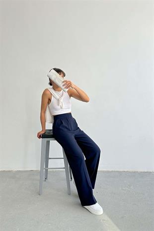 Çıtlı Atlas Kumaş Kadın Pantolon Lacivert