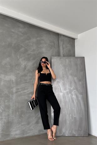 Kemerli Kadın Kumaş Pantolon Siyah