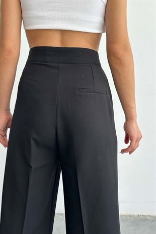 Çıtlı Atlas Kumaş Kadın Pantolon Siyah