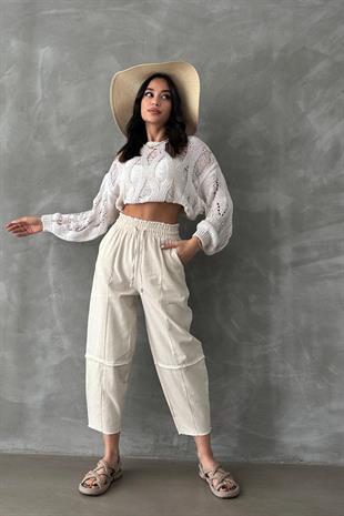 Ham Keten Şalvar Pantolon Taş