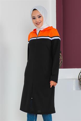 Tam Boy Fermuarlı Garnili Tunik-Oranj