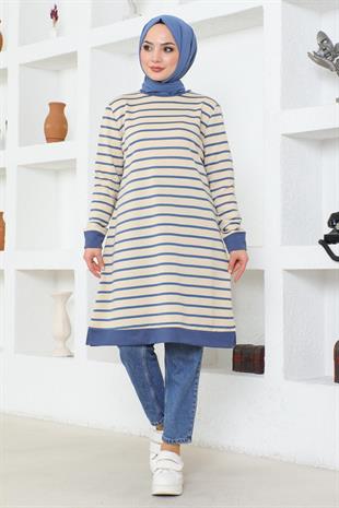 Çizgili Spor Tunik İndigo