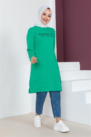 Baskılı Tesettür Tunik-Benetton Yeşili