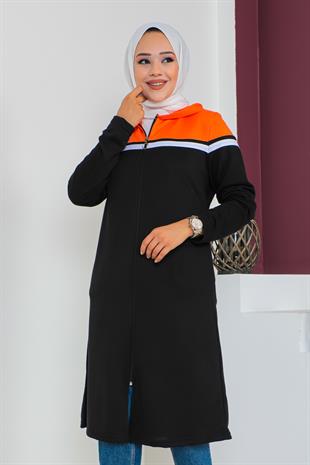 Tam Boy Fermuarlı Garnili Tunik-Oranj