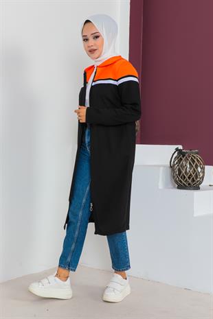 Tam Boy Fermuarlı Garnili Tunik-Oranj