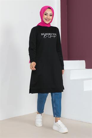 Baskılı Tesettür Tunik-Siyah