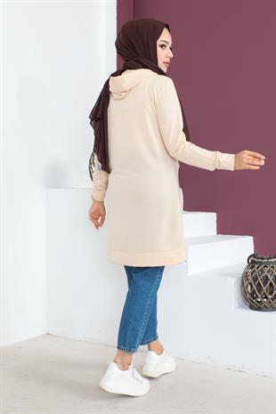Nakışlı Kapüşonlu Tunik - Bej
