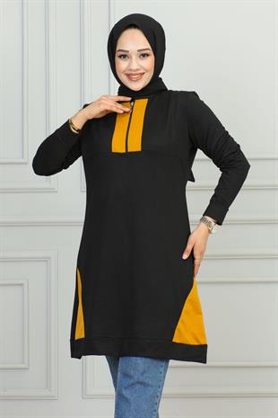 Yarım Fermuarlı Garnili Spor Tunik Siyah Hardal