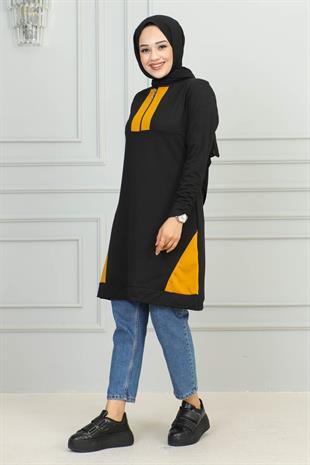 Yarım Fermuarlı Garnili Spor Tunik Siyah Hardal