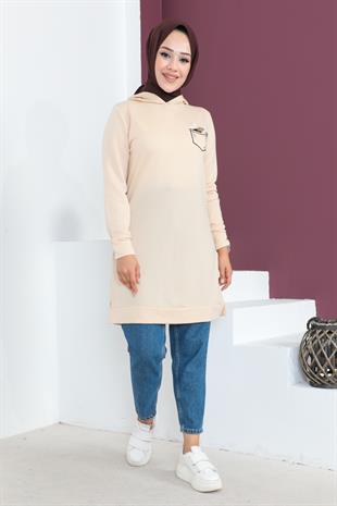 Nakışlı Kapüşonlu Tunik - Bej