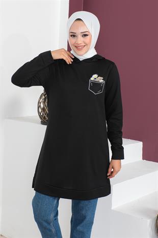 Nakışlı Kapüşonlu Tunik - Siyah