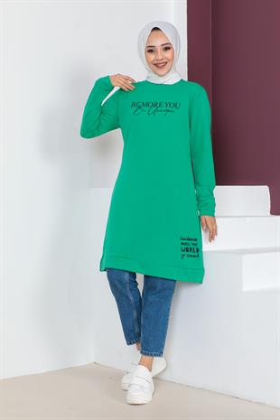 Baskılı Tesettür Tunik-Benetton Yeşili