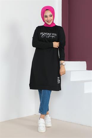 Baskılı Tesettür Tunik-Siyah