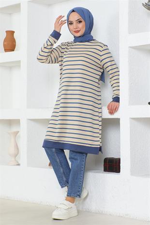 Çizgili Spor Tunik İndigo