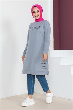 Baskılı Tesettür Tunik-Gri