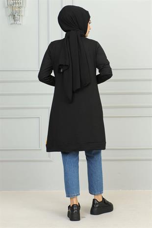 Yarım Fermuarlı Garnili Spor Tunik Siyah Hardal