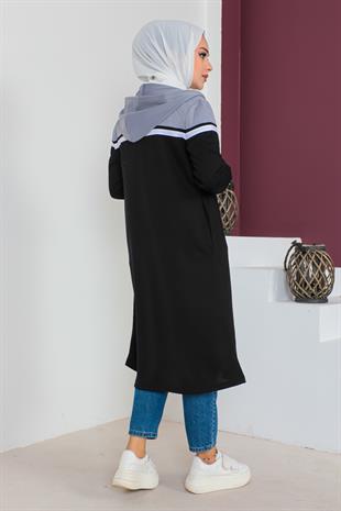 Tam Boy Fermuarlı Garnili Tunik-Gri