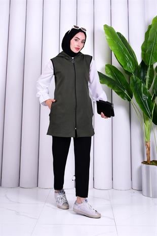 Biye Detaylı Fermuarlı Yelek Haki