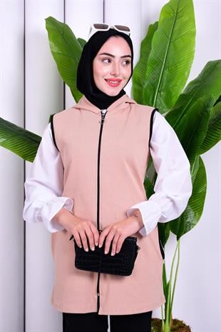 Biye Detaylı Fermuarlı Yelek Vizon