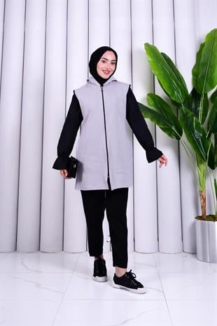 Biye Detaylı Fermuarlı Yelek Gri