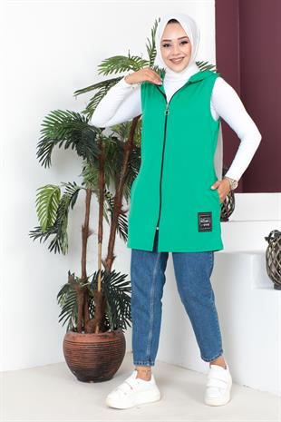 Fermuarlı Arma Detaylı Spor Yelek-Benetton Yeşili