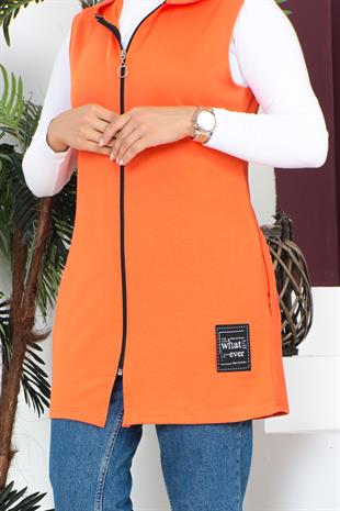 Fermuarlı Arma Detaylı Spor Yelek-Oranj