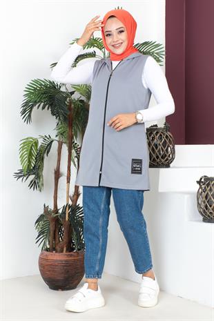 Fermuarlı Arma Detaylı Spor Yelek-Gri