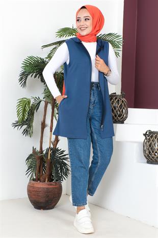 Fermuarlı Arma Detaylı Spor Yelek-İndigo