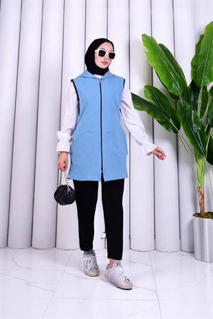 Biye Detaylı Fermuarlı Yelek Mavi