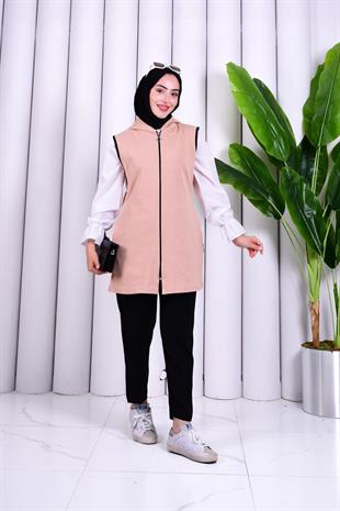 Biye Detaylı Fermuarlı Yelek Vizon