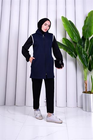 Biye Detaylı Fermuarlı Yelek Lacivert