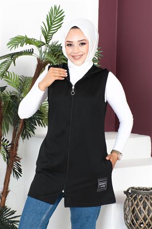 Fermuarlı Arma Detaylı Spor Yelek-Siyah