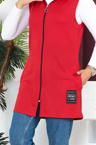Fermuarlı Arma Detaylı Spor Yelek-Kırmızı