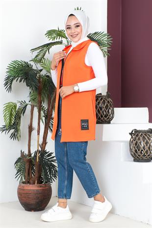 Fermuarlı Arma Detaylı Spor Yelek-Oranj