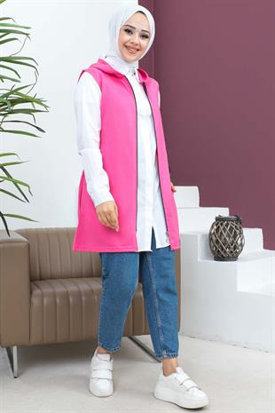 Fermuarlı Arma Detaylı Spor Yelek-Fuşya
