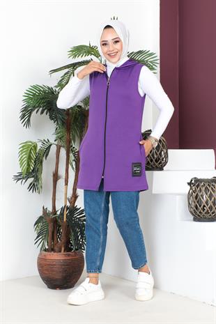 Fermuarlı Arma Detaylı Spor Yelek-Mor
