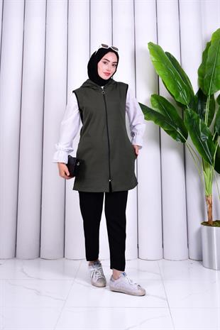Biye Detaylı Fermuarlı Yelek Haki