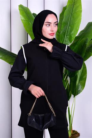 Biye Detaylı Fermuarlı Yelek Siyah