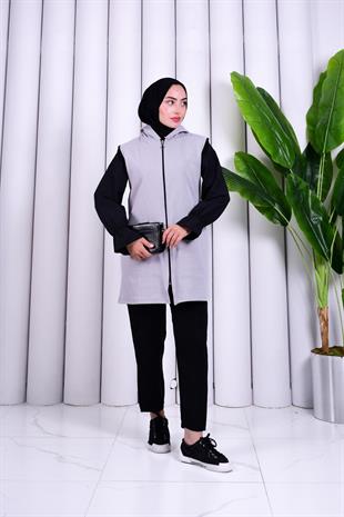 Biye Detaylı Fermuarlı Yelek Gri