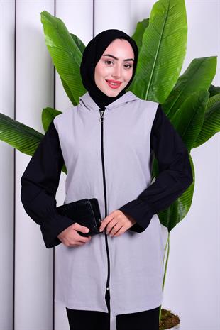 Biye Detaylı Fermuarlı Yelek Gri