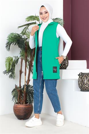 Fermuarlı Arma Detaylı Spor Yelek-Benetton Yeşili