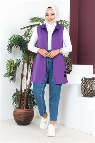 Fermuarlı Arma Detaylı Spor Yelek-Mor