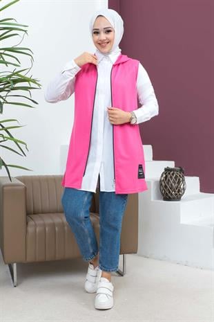 Fermuarlı Arma Detaylı Spor Yelek-Fuşya