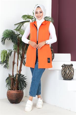Fermuarlı Arma Detaylı Spor Yelek-Oranj