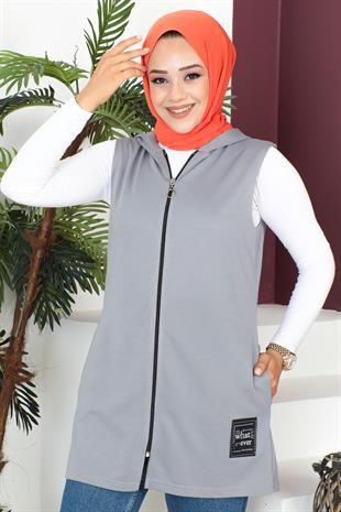 Fermuarlı Arma Detaylı Spor Yelek-Gri