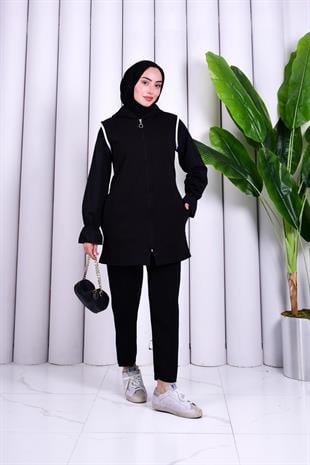 Biye Detaylı Fermuarlı Yelek Siyah
