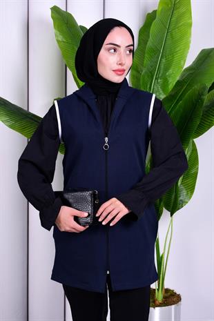 Biye Detaylı Fermuarlı Yelek Lacivert